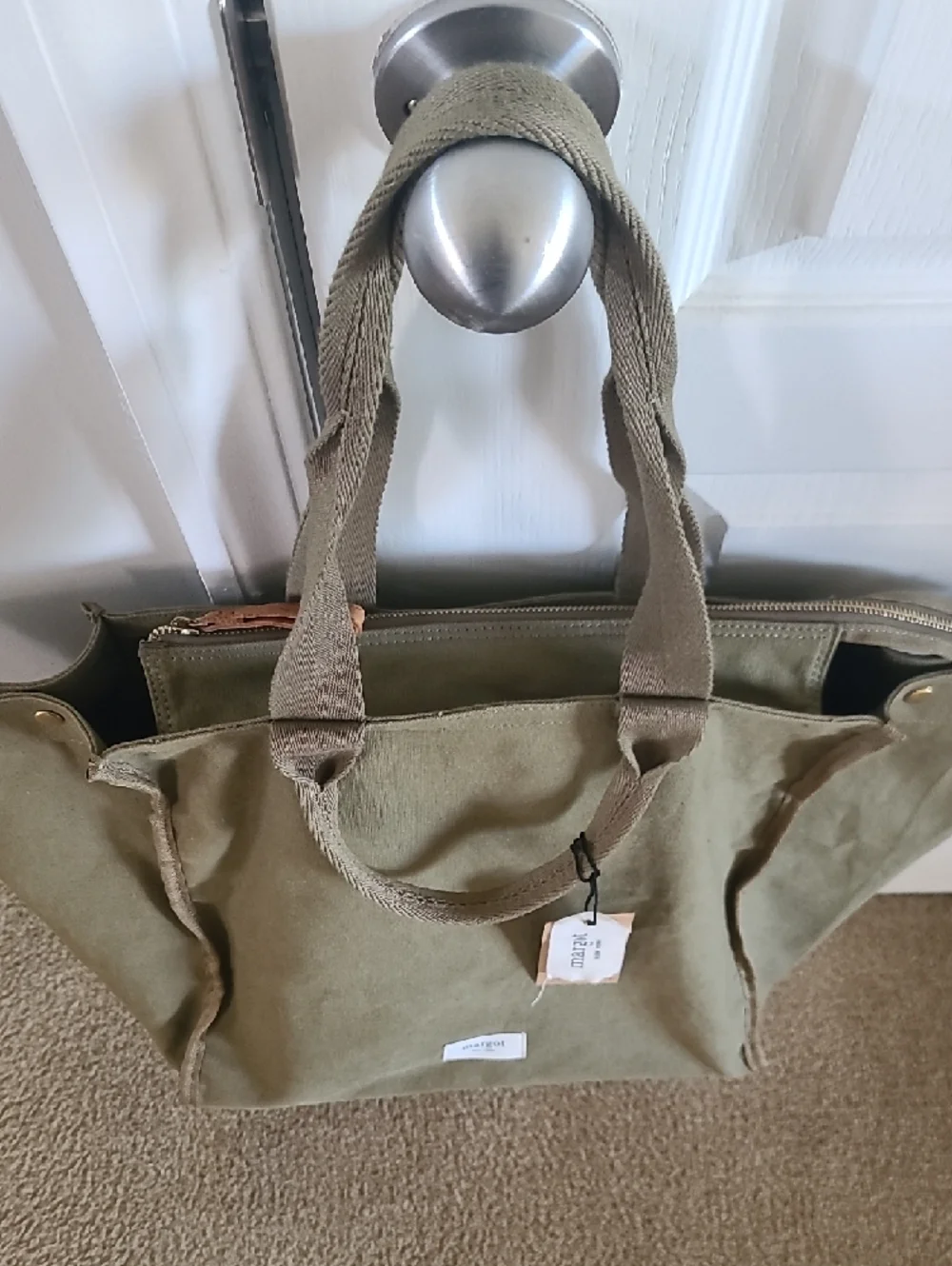 margot Olive Canvas Tote with Dual Webbing Handles - Picture 3 of 7